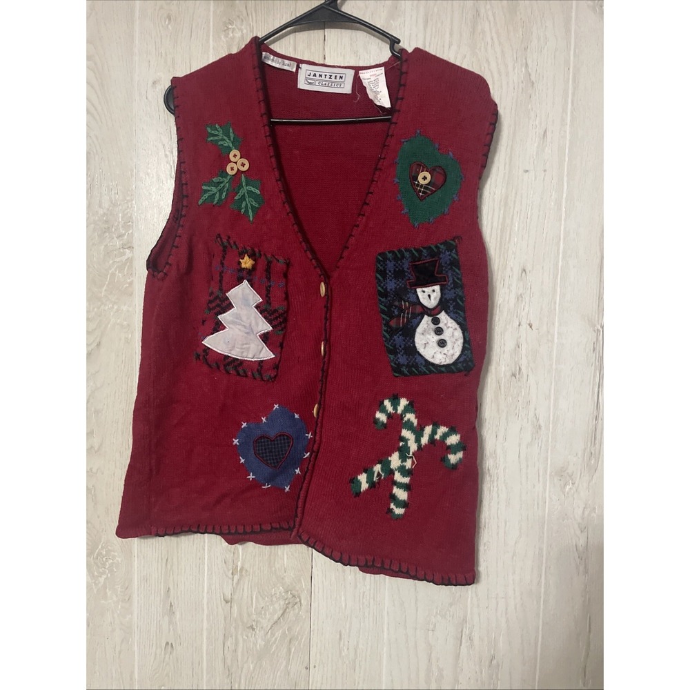 Jantzen Classics red embroidered‎ Christmas sweater Vest Womens L Large